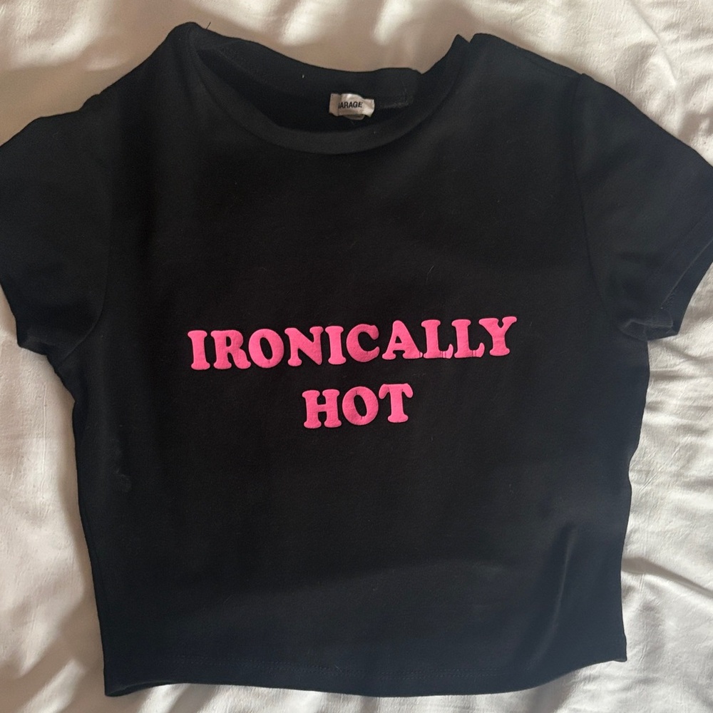 Garage Black Crop Top with Pink "IRONICALLY HOT" Graphic